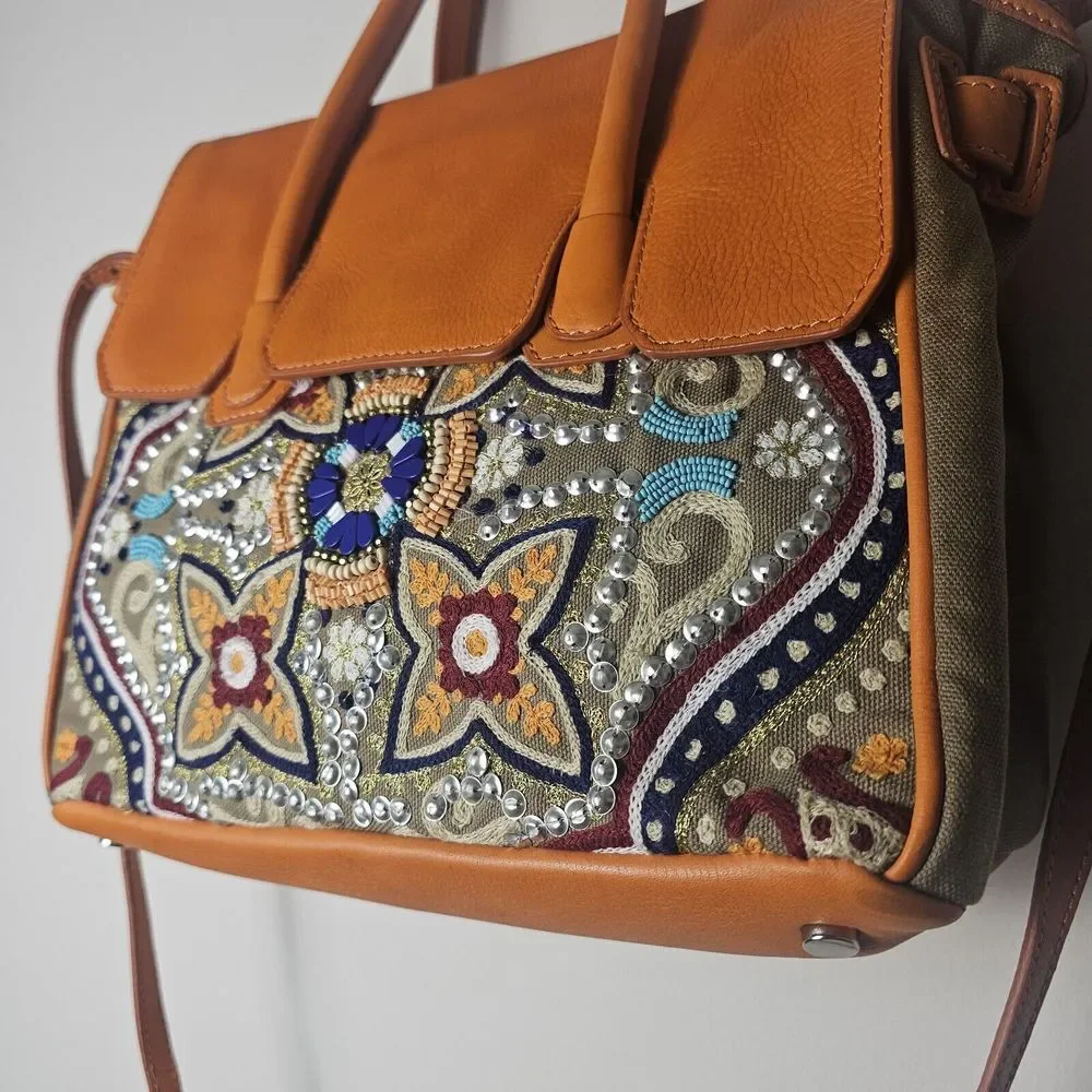 Sam Edelman Sylvia Purse Handbag Crossbody Embroidered Beads Leather Orange Boho - Picture 2 of 14